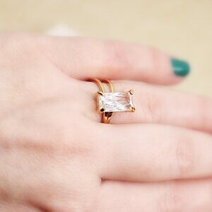 Double Layer‎ Asymmetric Rectangular Rhinestone Ring Waterproof 18K Gold Plated